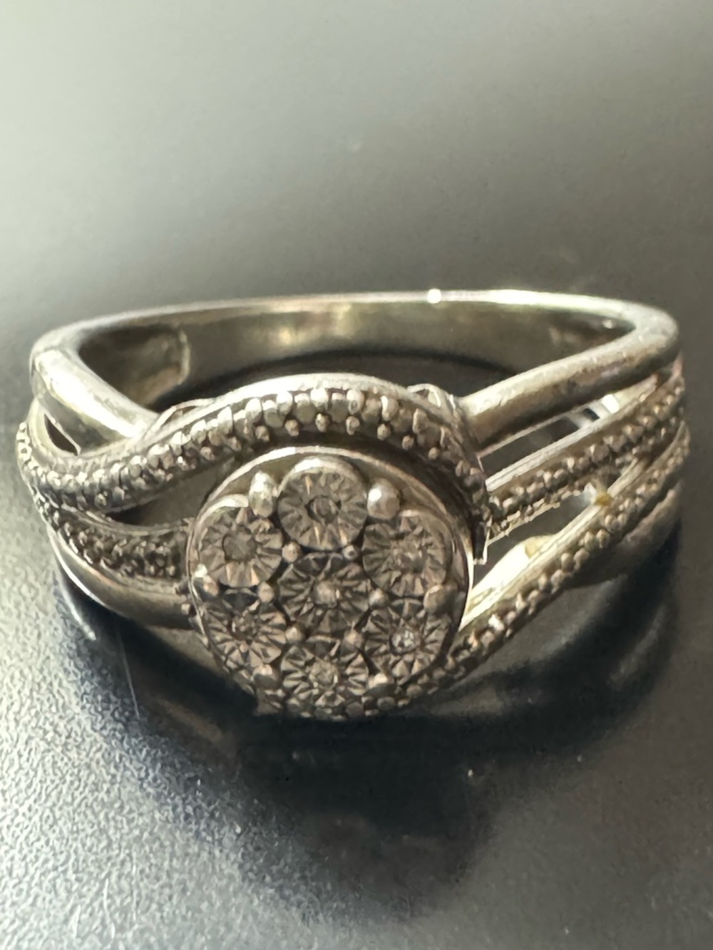 Sterling Silver Diamond Cluster Ring - Split Shank - Size 5.75